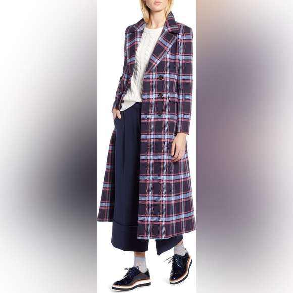 NWT Halogen Navy & Pink Long Plaid Coat | Halogen x Atlantic-Pacific - Picture 2 of 9